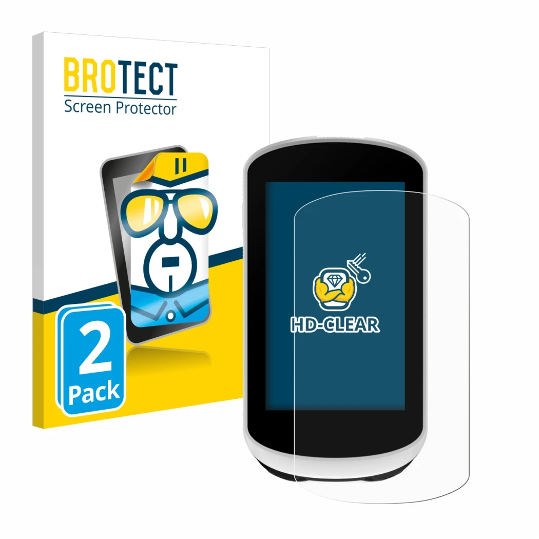 Parte frontale di una confezione del prodotto con il logo del marchio BROTECT. Accanto è raffigurato il dispositivo Garmin Edg