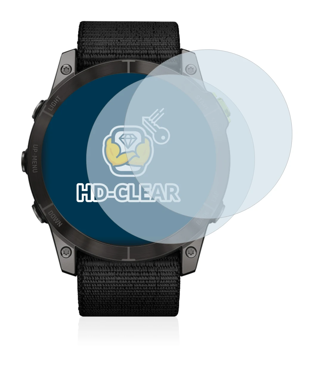 Immagine del dispositivo Garmin Enduro 2 con un'ampia varietà di protezioni per lo schermo.