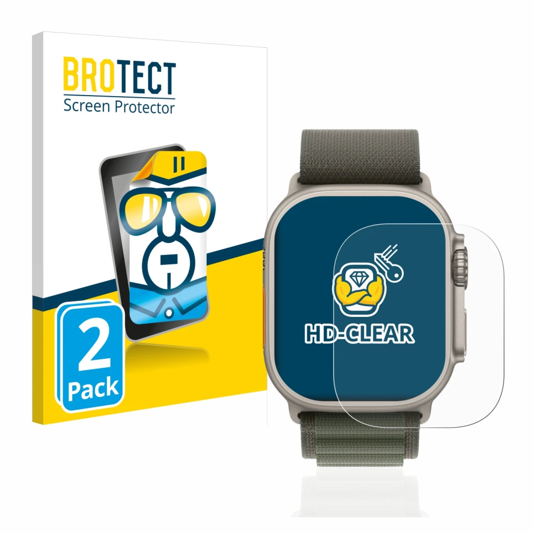 Parte frontale di una confezione del prodotto con il logo del marchio BROTECT. Accanto è raffigurato il dispositivo Apple Watc