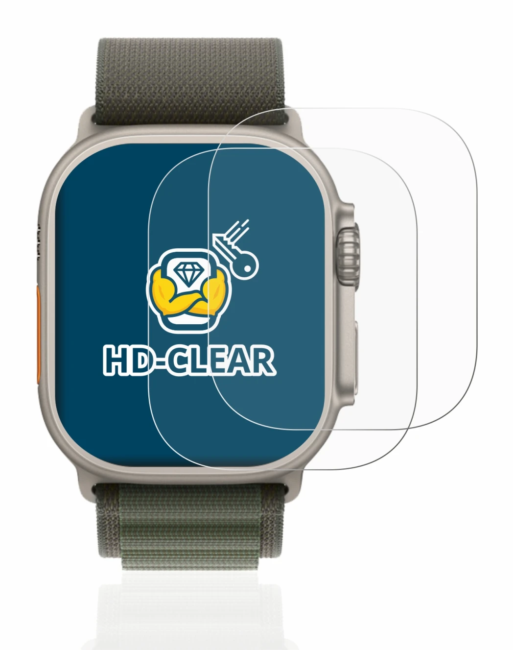 Immagine del dispositivo Apple Watch Ultra (49 mm) con un'ampia varietà di protezioni per lo schermo.