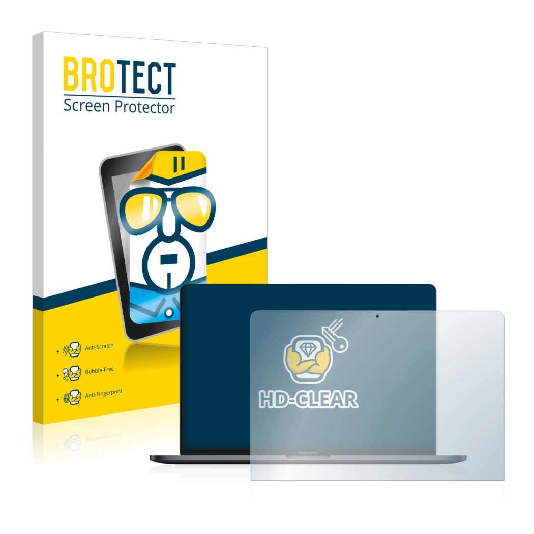 Parte frontale di una confezione del prodotto con il logo del marchio BROTECT. Accanto è raffigurato il dispositivo Apple MacB