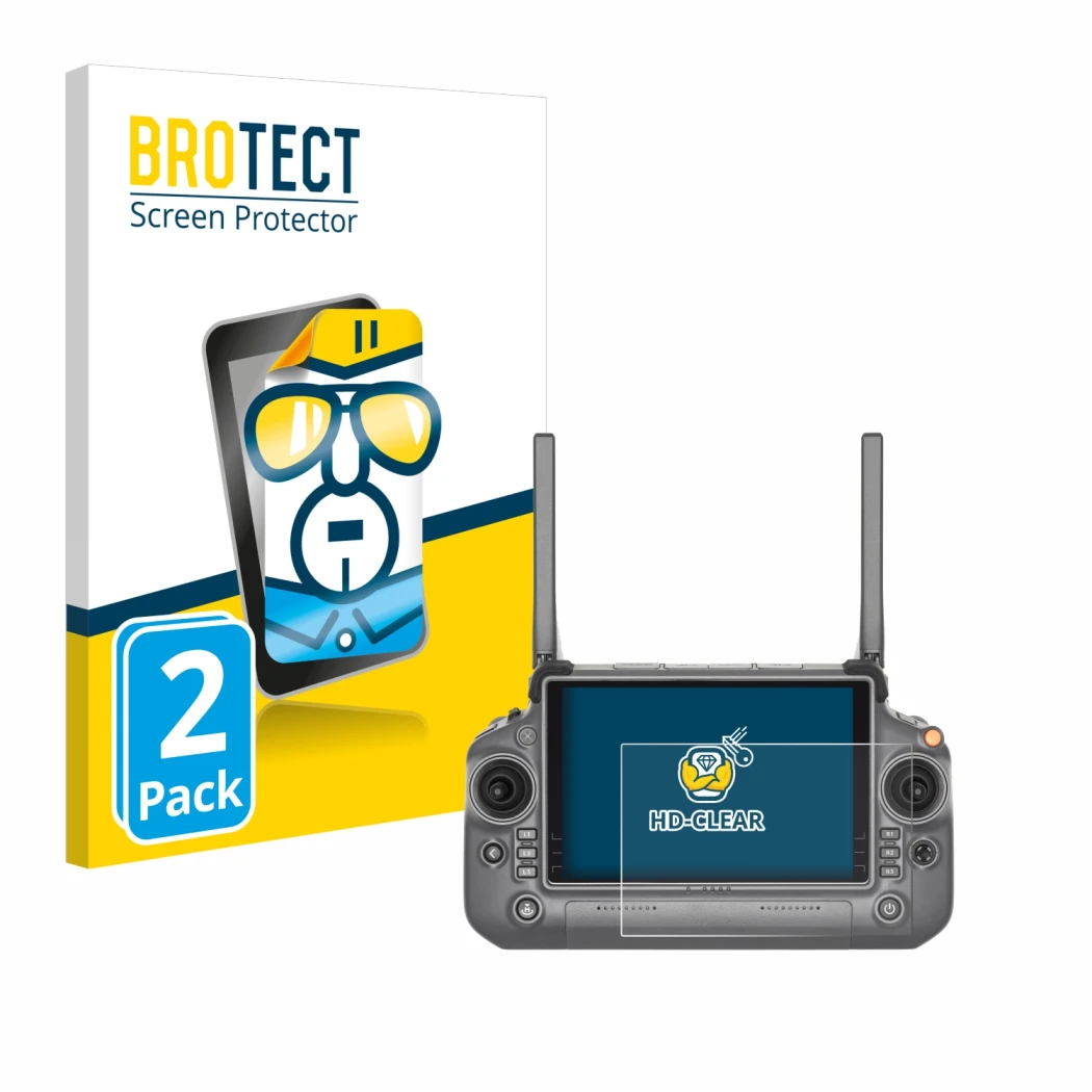 Parte frontale di una confezione del prodotto con il logo del marchio BROTECT. Accanto è raffigurato il dispositivo DJI RC Plu