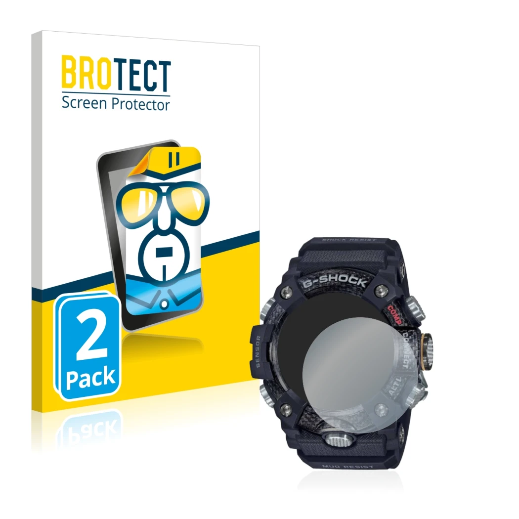 Parte frontale di una confezione del prodotto con il logo del marchio BROTECT. Accanto è raffigurato il dispositivo Casio G-Sh