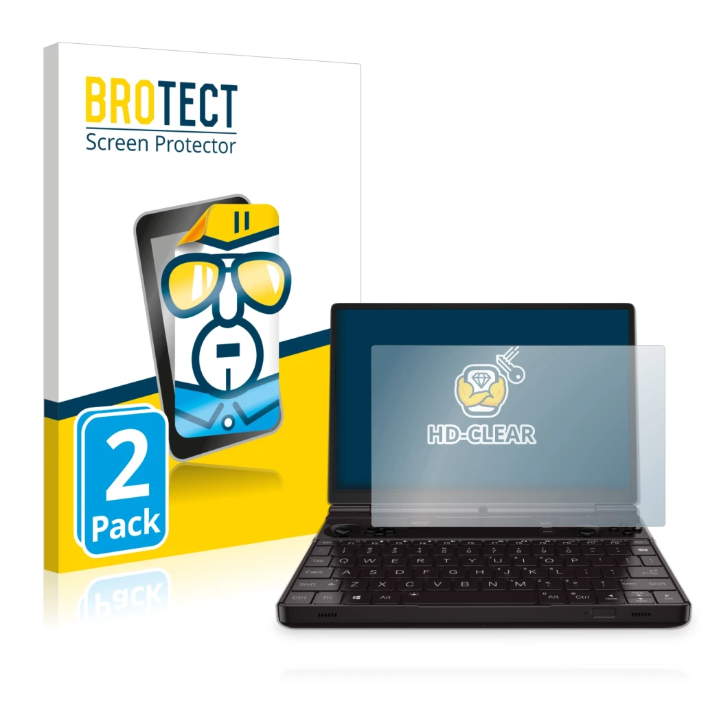 Parte frontale di una confezione del prodotto con il logo del marchio BROTECT. Accanto è raffigurato il dispositivo GPD Win Ma