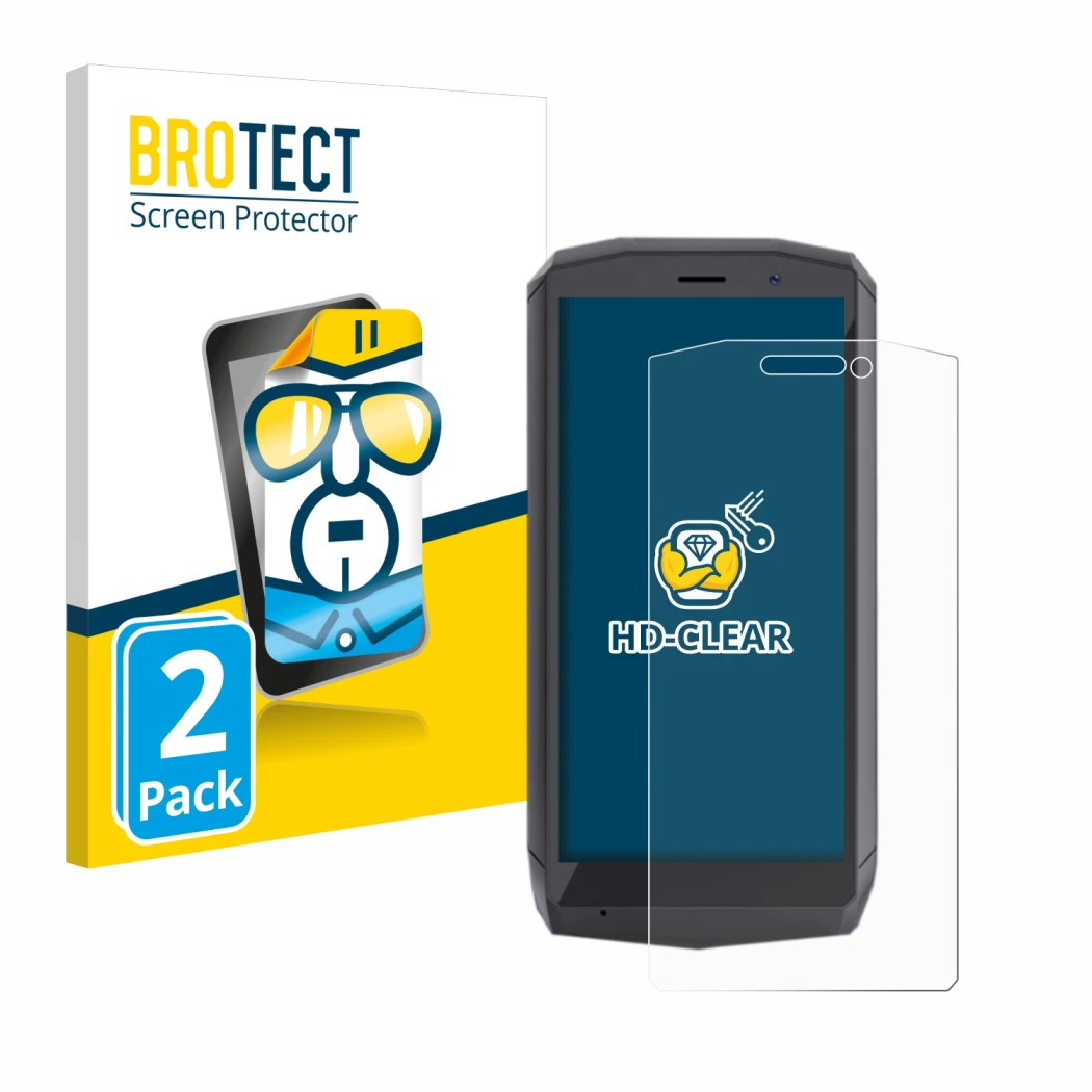 Parte frontale di una confezione del prodotto con il logo del marchio BROTECT. Accanto è raffigurato il dispositivo Cubot Pock