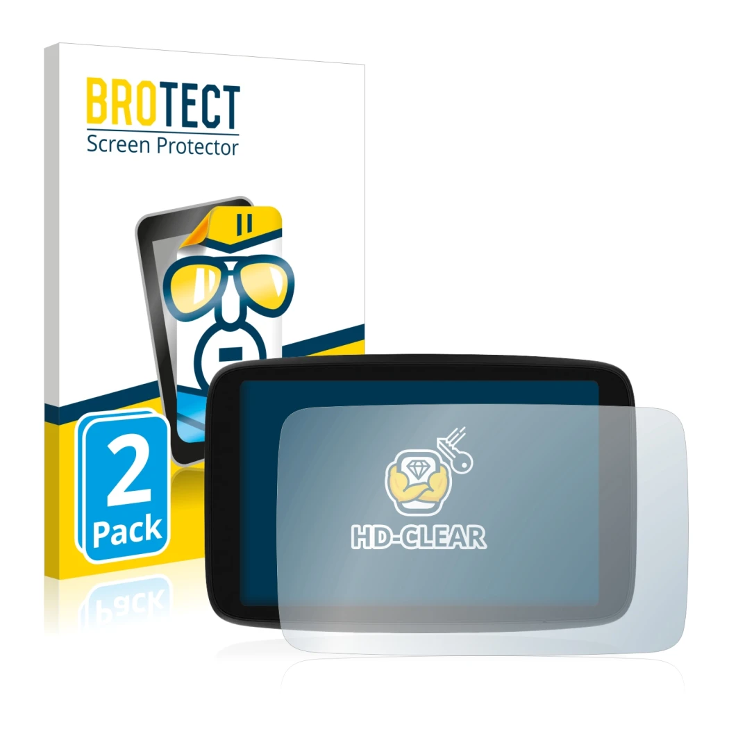 Parte frontale di una confezione del prodotto con il logo del marchio BROTECT. Accanto è raffigurato il dispositivo TomTom GO
