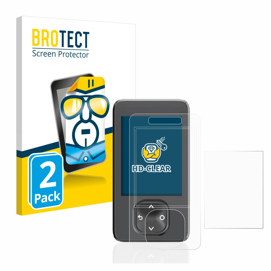 Parte frontale di una confezione del prodotto con il logo del marchio BROTECT. Accanto è raffigurato il dispositivo Dexcom G7 