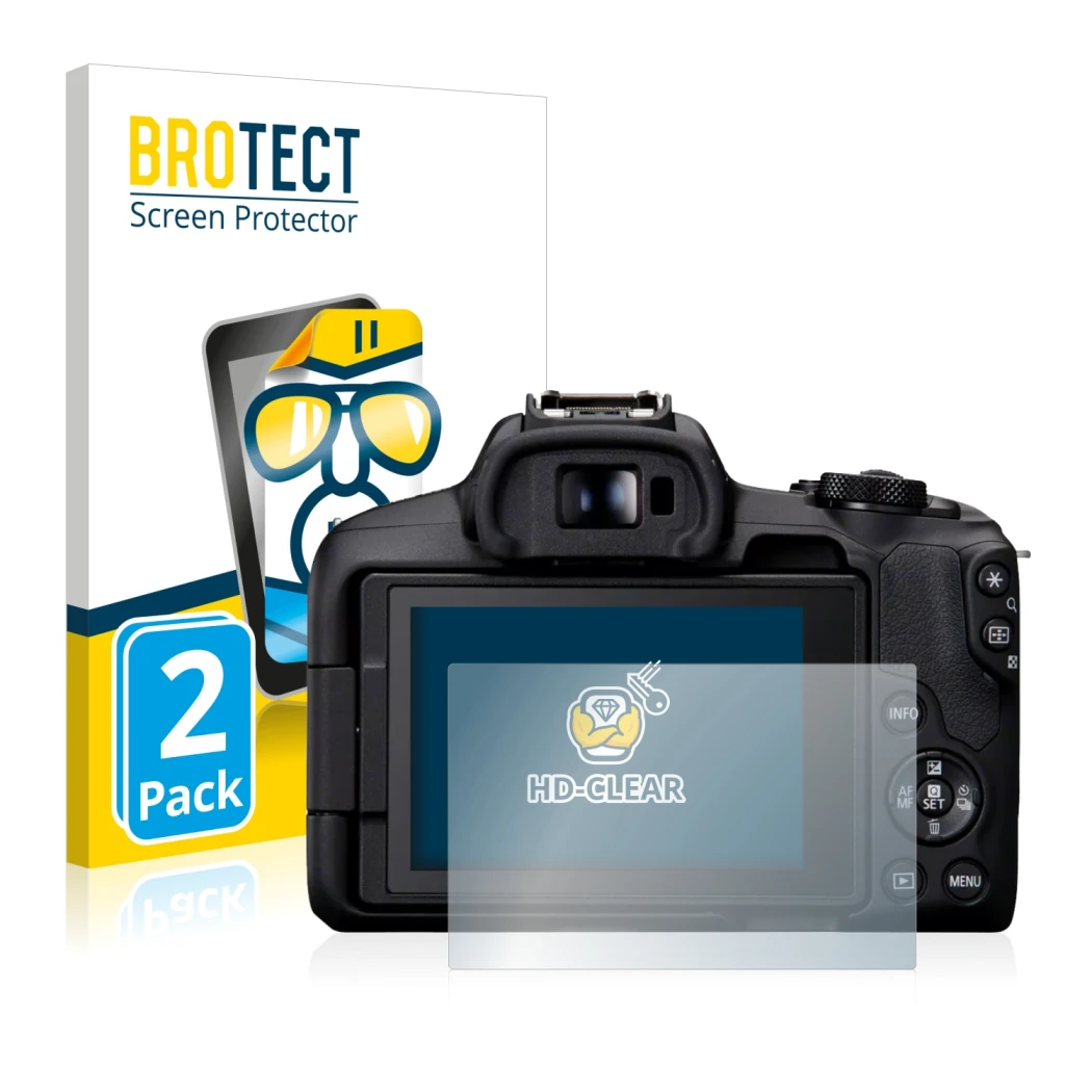 Parte frontale di una confezione del prodotto con il logo del marchio BROTECT. Accanto è raffigurato il dispositivo Canon EOS 