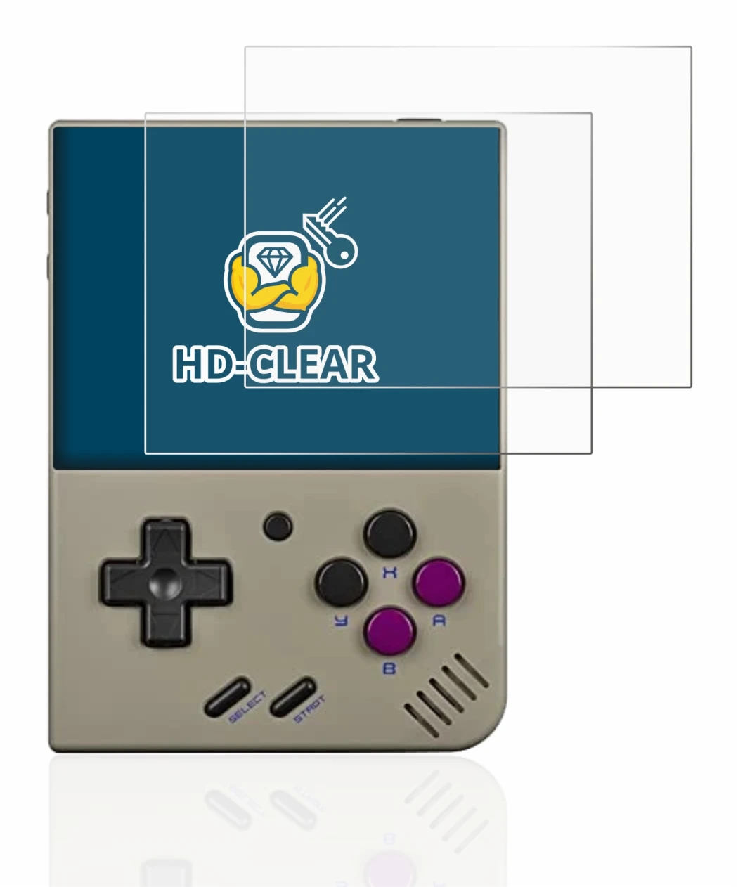 Immagine del dispositivo Miyoo Mini Plus con un'ampia varietà di protezioni per lo schermo.