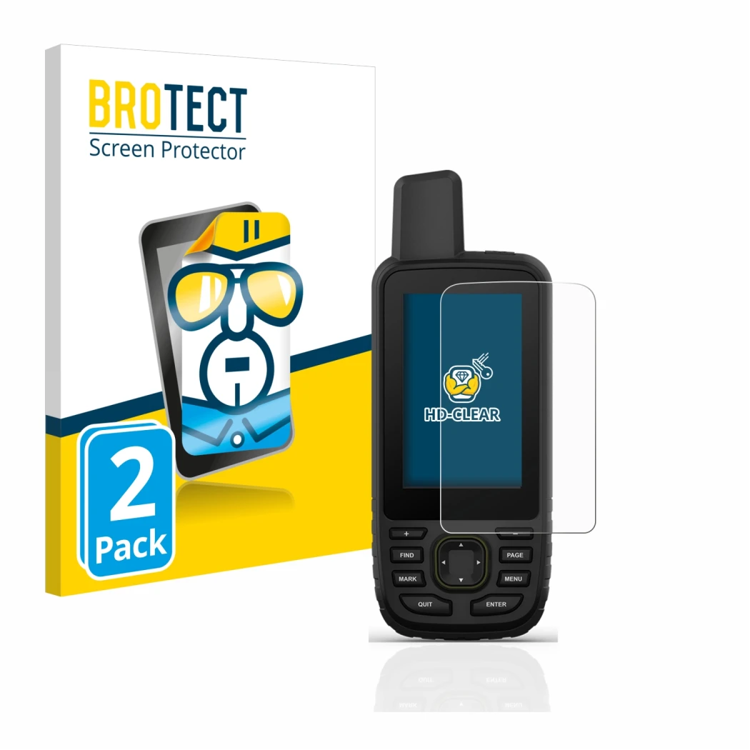 Parte frontale di una confezione del prodotto con il logo del marchio BROTECT. Accanto è raffigurato il dispositivo Garmin GPS