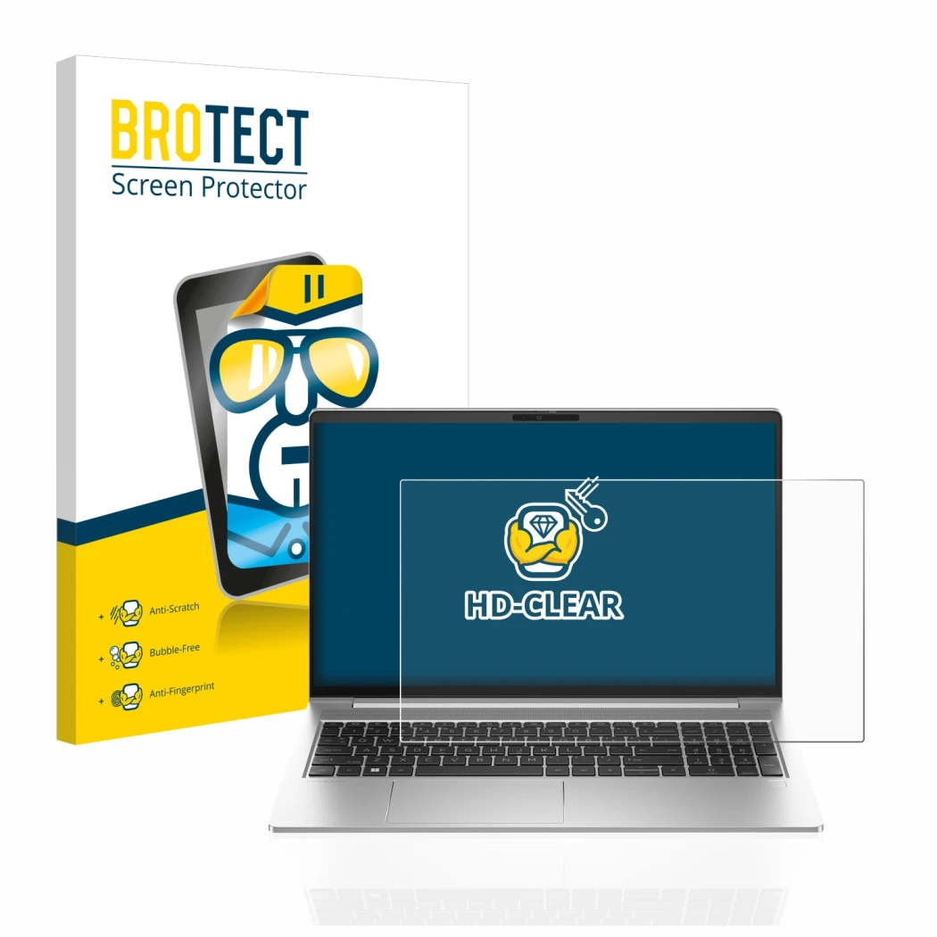 Parte frontale di una confezione del prodotto con il logo del marchio BROTECT. Accanto è raffigurato il dispositivo HP ProBook