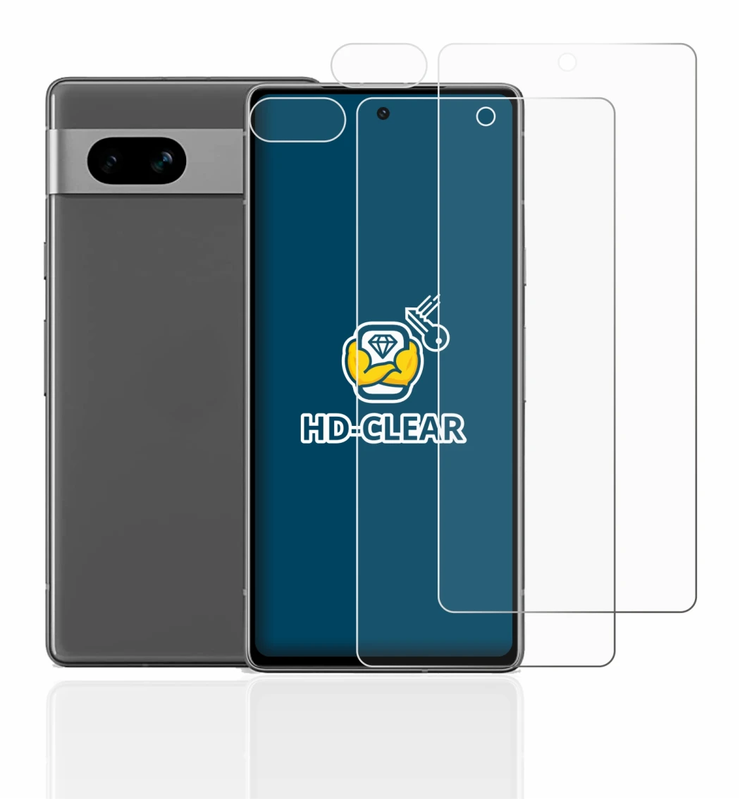 Immagine del dispositivo Google Pixel 7a (Fronte+Fotocamera) con un'ampia varietà di protezioni per lo schermo.