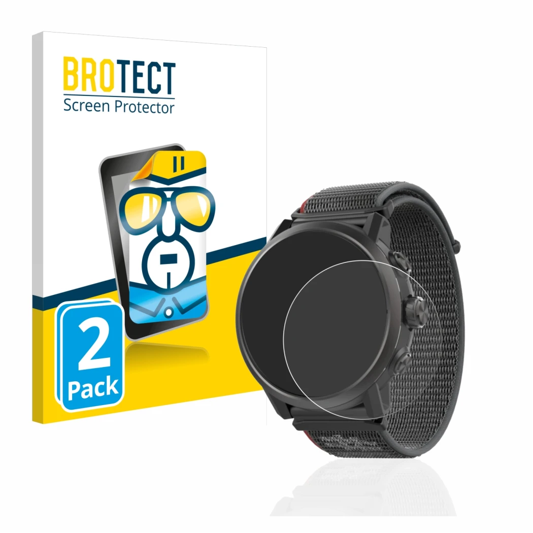 Parte frontale di una confezione del prodotto con il logo del marchio BROTECT. Accanto è raffigurato il dispositivo Coros Apex