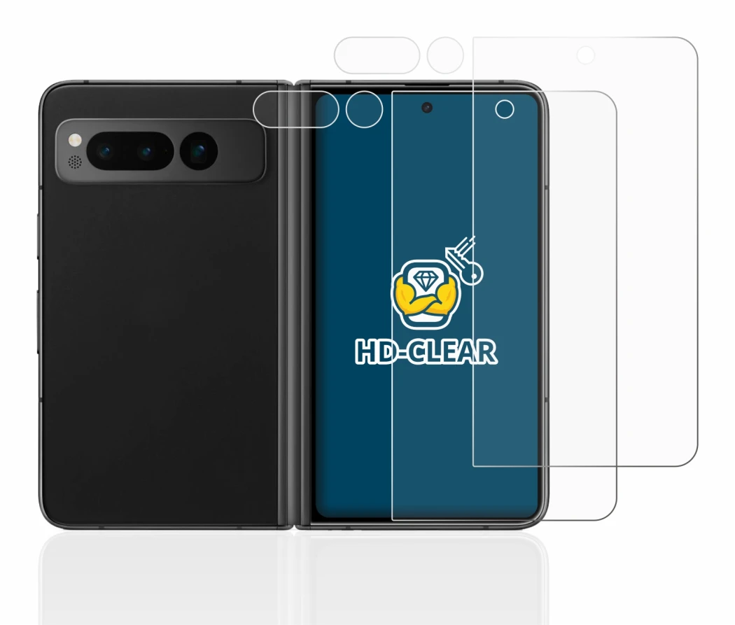 Immagine del dispositivo Google Pixel Fold (Fronte+Fotocamera) con un'ampia varietà di protezioni per lo schermo.