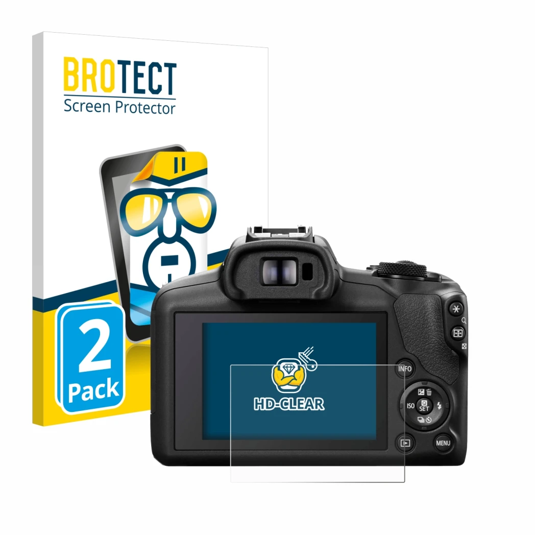 Parte frontale di una confezione del prodotto con il logo del marchio BROTECT. Accanto è raffigurato il dispositivo Canon EOS 