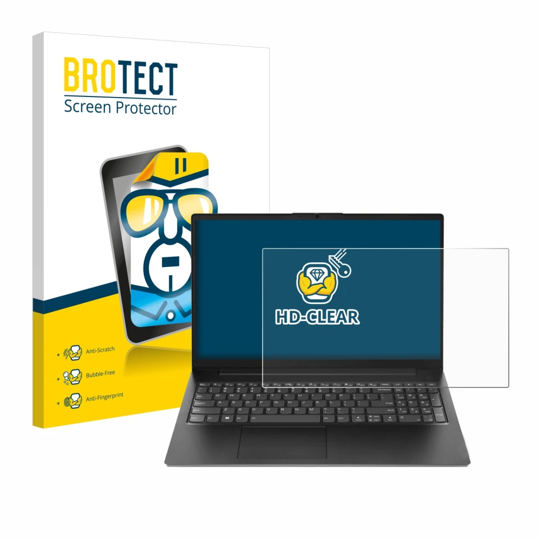 Parte frontale di una confezione del prodotto con il logo del marchio BROTECT. Accanto è raffigurato il dispositivo Lenovo V15