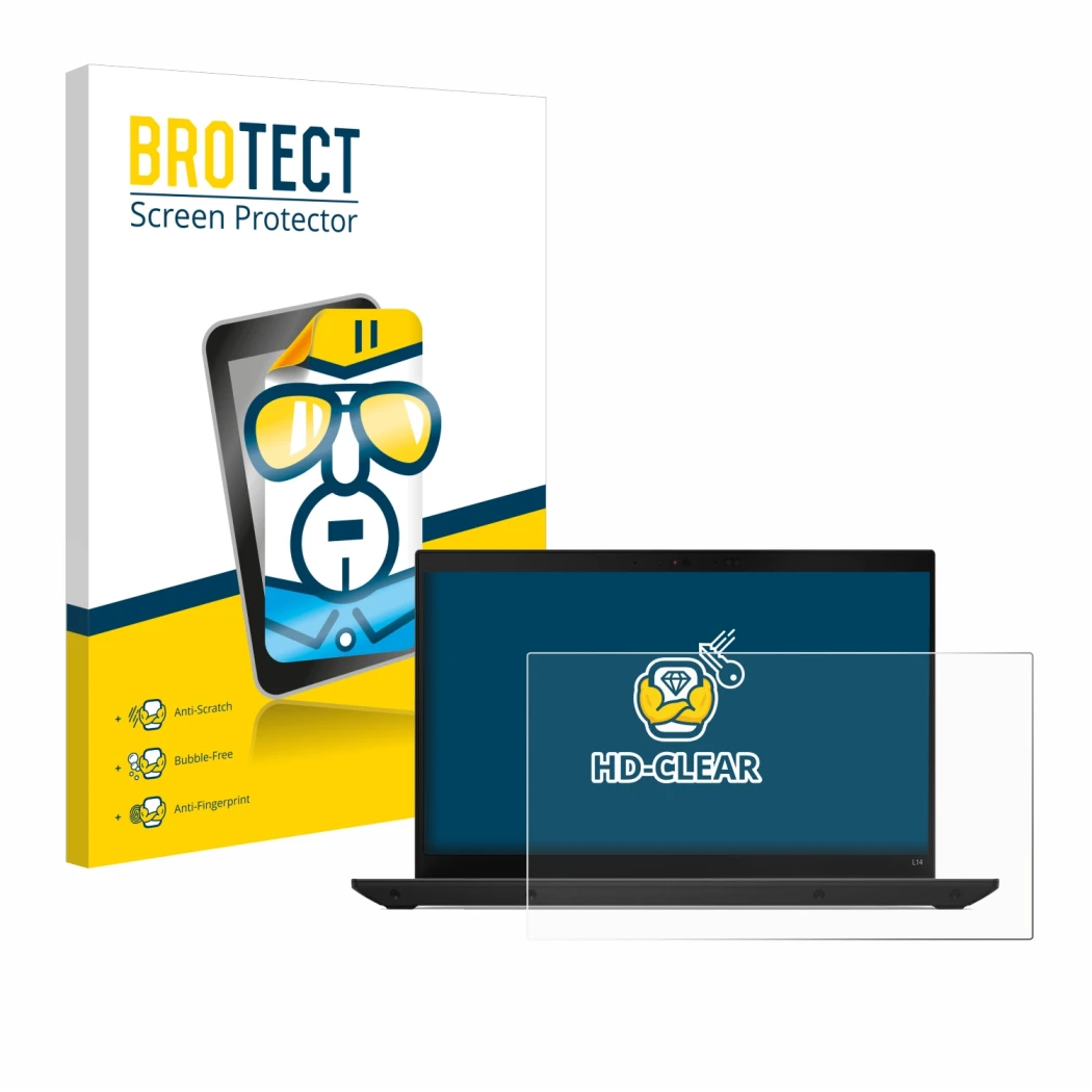 Parte frontale di una confezione del prodotto con il logo del marchio BROTECT. Accanto è raffigurato il dispositivo Lenovo Thi