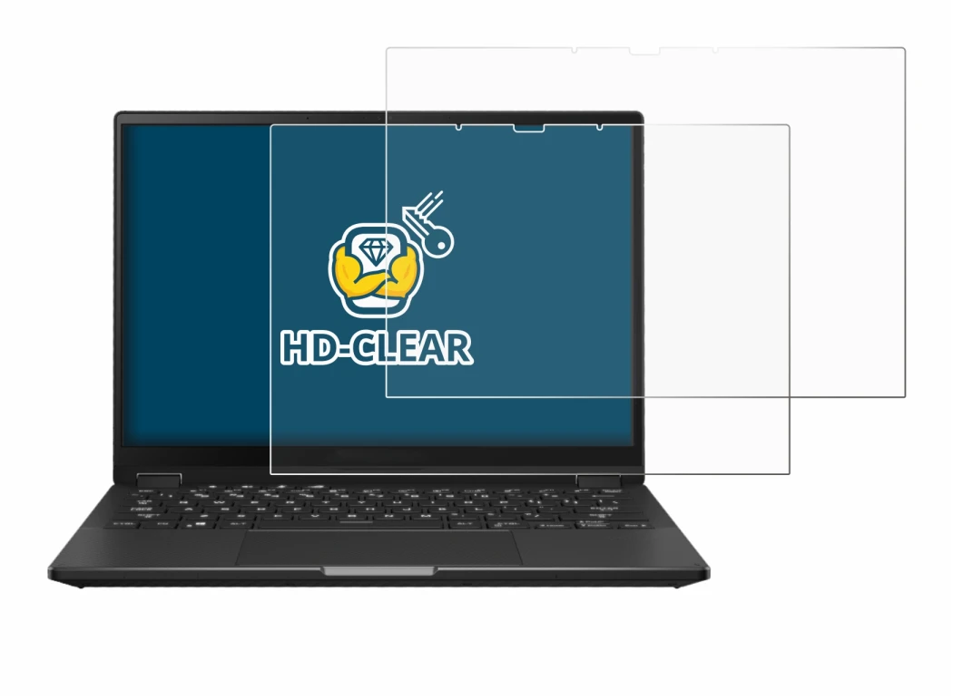 Immagine del dispositivo ASUS ROG Flow X13 2023 con un'ampia varietà di protezioni per lo schermo.