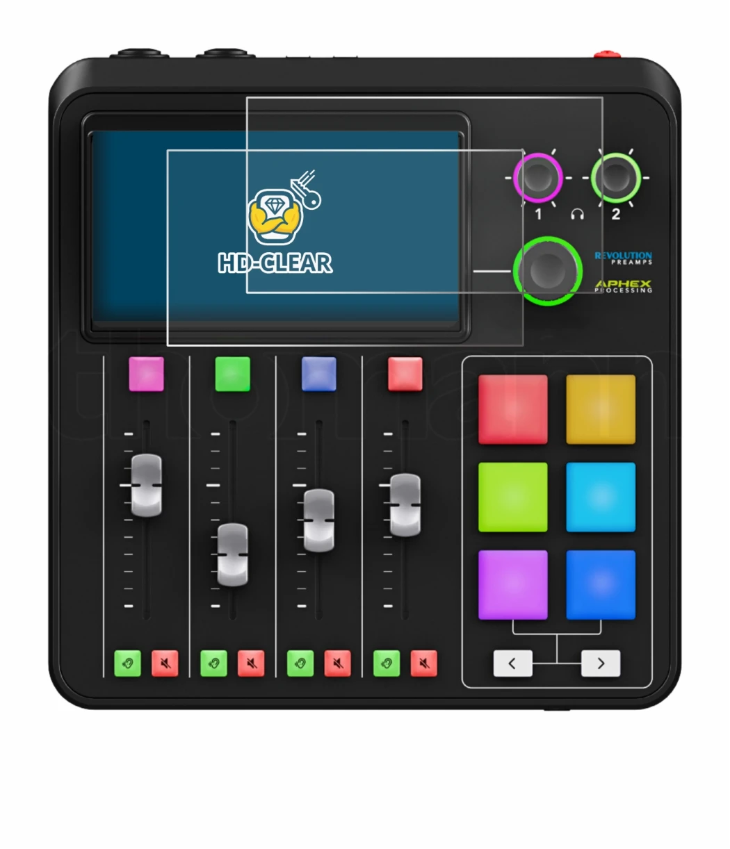 Immagine del dispositivo Rode Rodecaster Duo con un'ampia varietà di protezioni per lo schermo.