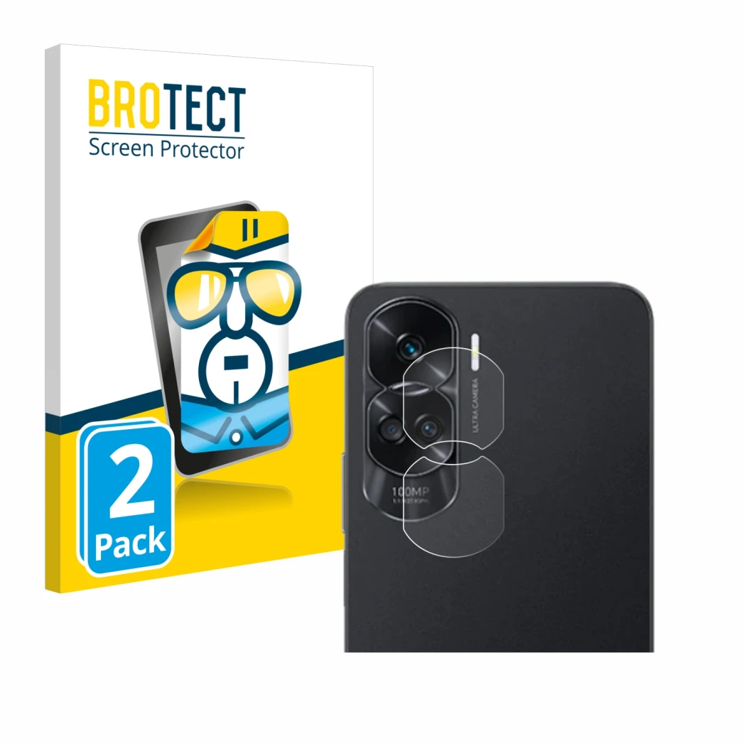 Parte frontale di una confezione del prodotto con il logo del marchio BROTECT. Accanto è raffigurato il dispositivo Honor 90 L