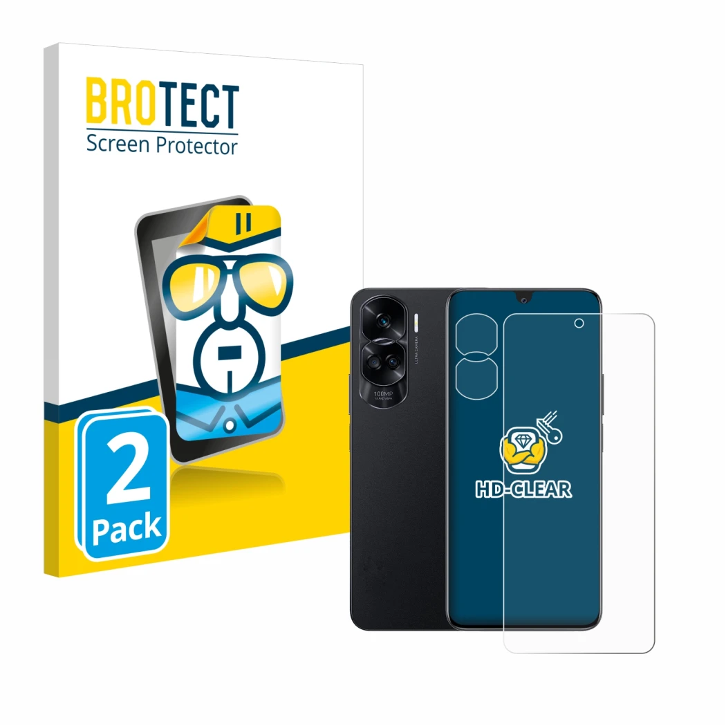 Parte frontale di una confezione del prodotto con il logo del marchio BROTECT. Accanto è raffigurato il dispositivo Honor 90 L