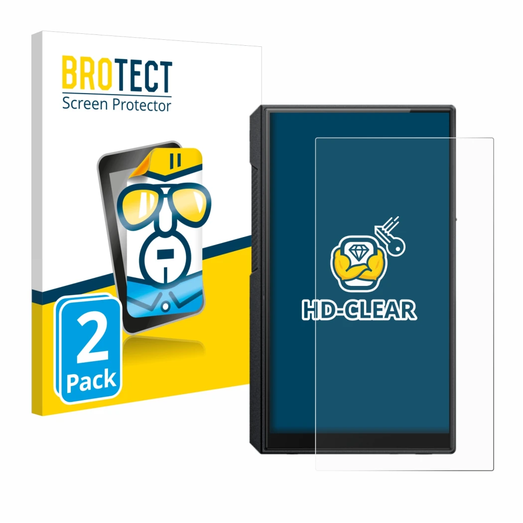 Parte frontale di una confezione del prodotto con il logo del marchio BROTECT. Accanto è raffigurato il dispositivo FiiO M11s