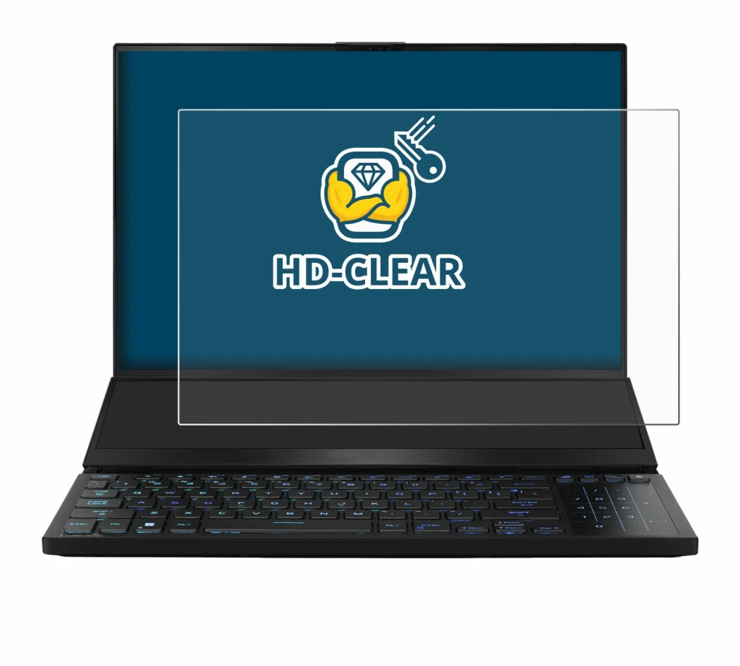 Immagine del dispositivo ASUS ROG Zephyrus Duo 16 2023 con un'ampia varietà di protezioni per lo schermo.