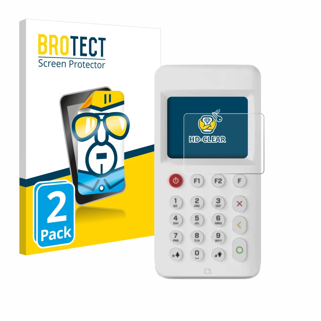 Parte frontale di una confezione del prodotto con il logo del marchio BROTECT. Accanto è raffigurato il dispositivo myPOS Go 2