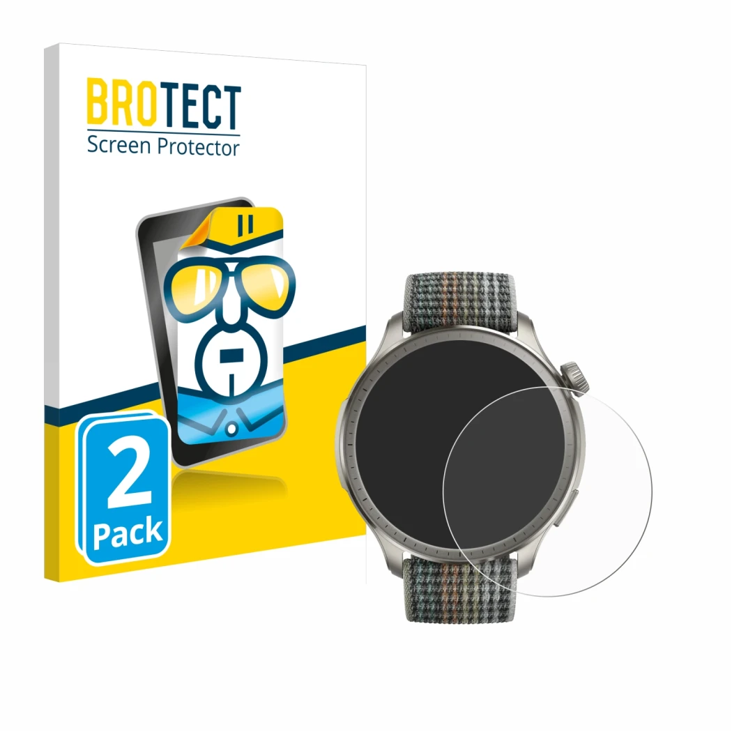 Parte frontale di una confezione del prodotto con il logo del marchio BROTECT. Accanto è raffigurato il dispositivo Huami Amaz