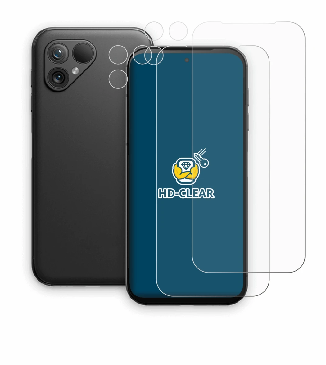 Immagine del dispositivo Fairphone 5 (Fronte+Fotocamera) con un'ampia varietà di protezioni per lo schermo.