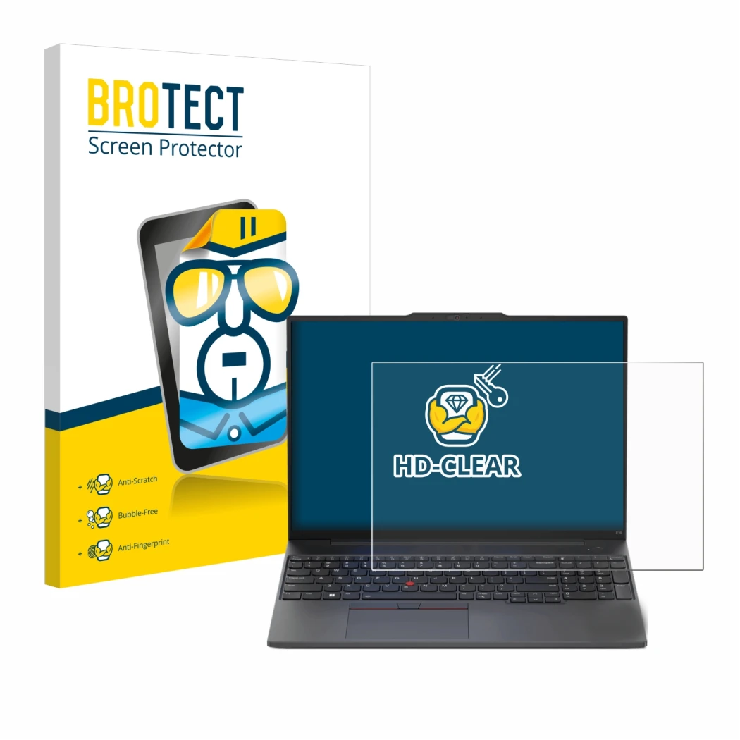 Parte frontale di una confezione del prodotto con il logo del marchio BROTECT. Accanto è raffigurato il dispositivo Lenovo Thi