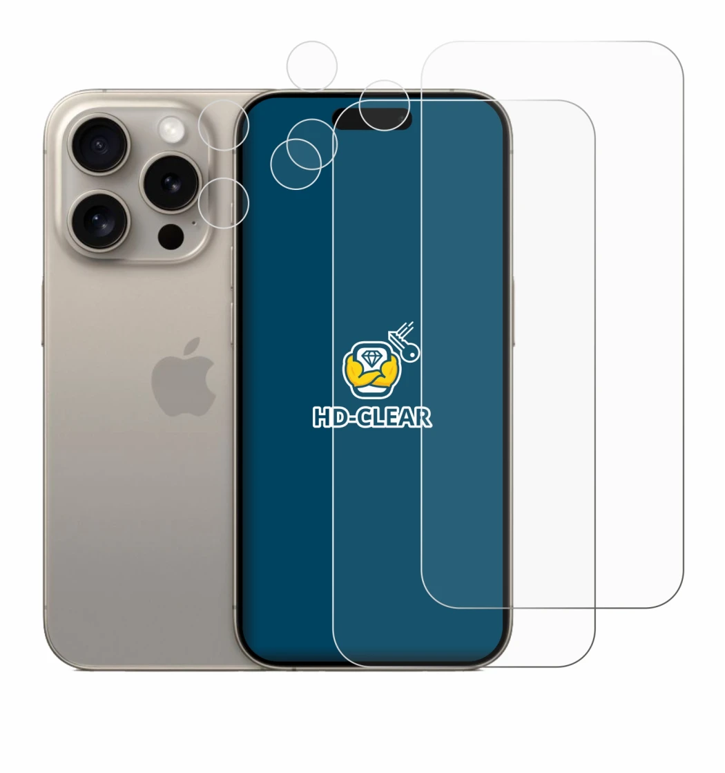 Immagine del dispositivo Apple iPhone 15 Pro (Fronte+Fotocamera) con un'ampia varietà di protezioni per lo schermo.