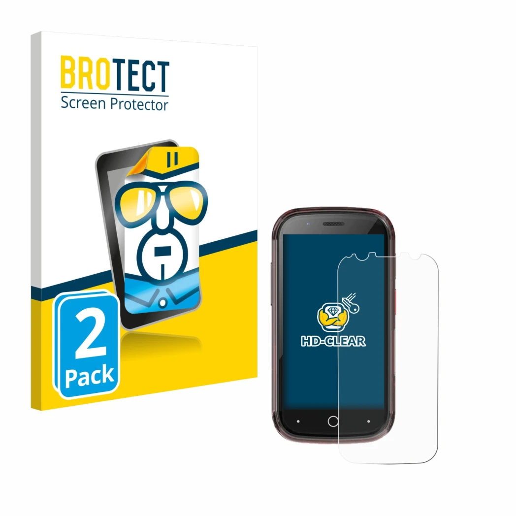 Parte frontale di una confezione del prodotto con il logo del marchio BROTECT. Accanto è raffigurato il dispositivo Unihertz J