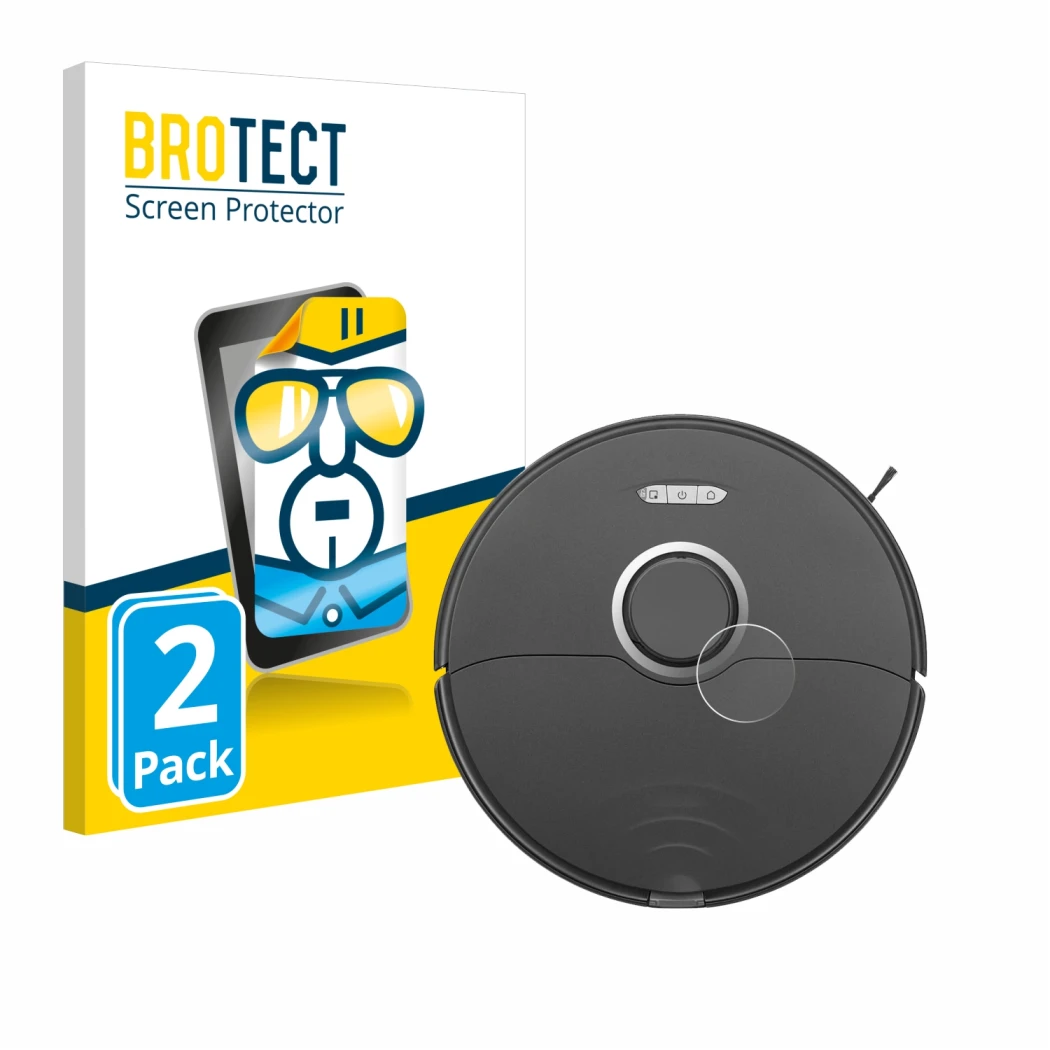 Parte frontale di una confezione del prodotto con il logo del marchio BROTECT. Accanto è raffigurato il dispositivo Roborock S