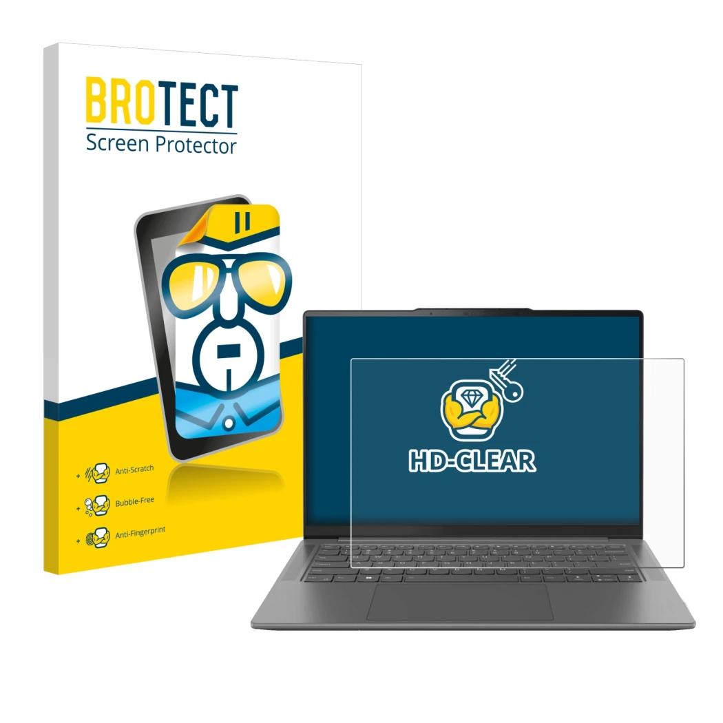 Parte frontale di una confezione del prodotto con il logo del marchio BROTECT. Accanto è raffigurato il dispositivo Lenovo Yog