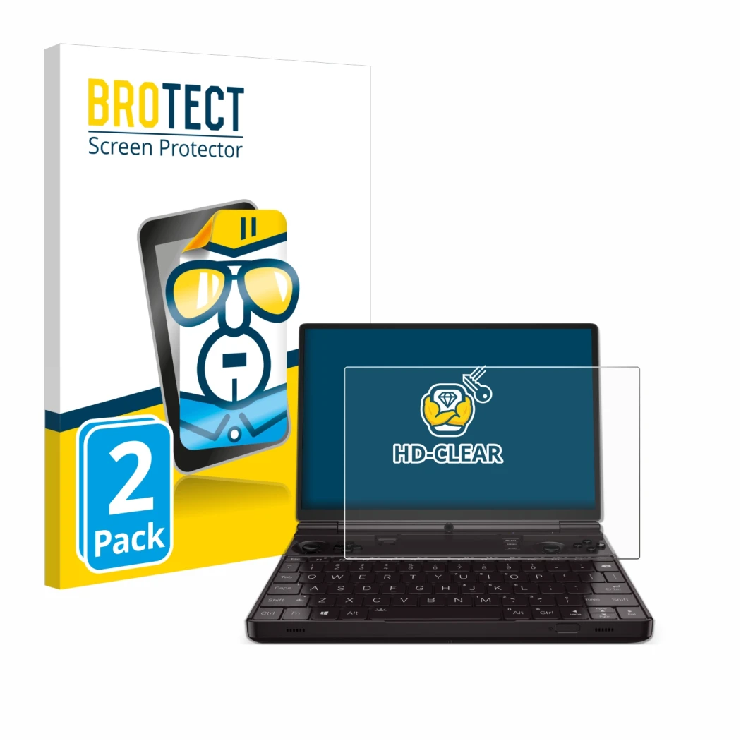 Parte frontale di una confezione del prodotto con il logo del marchio BROTECT. Accanto è raffigurato il dispositivo GPD Win Ma