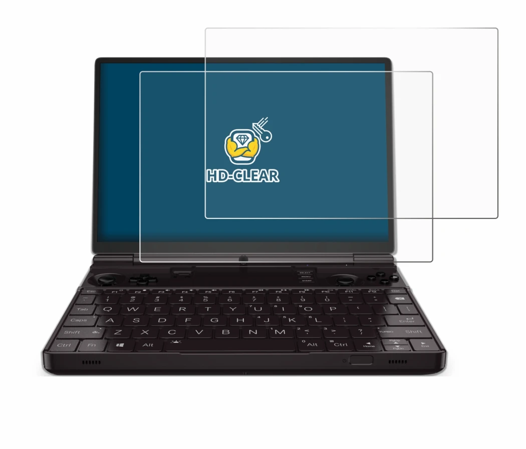 Immagine del dispositivo GPD Win Max 2 2023 con un'ampia varietà di protezioni per lo schermo.