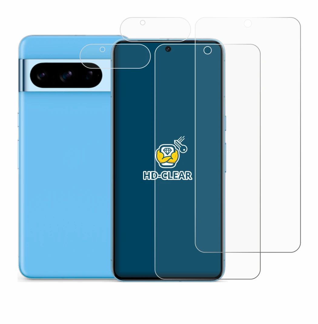 Immagine del dispositivo Google Pixel 8 Pro (Fronte+Fotocamera) con un'ampia varietà di protezioni per lo schermo.