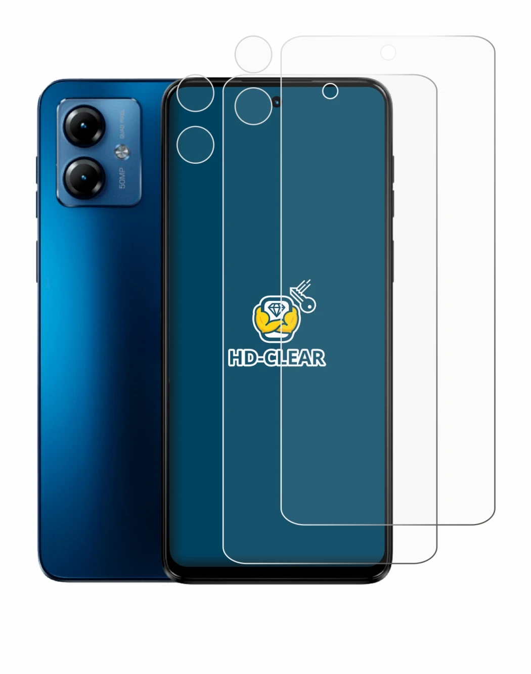 Immagine del dispositivo Motorola Moto G14 (Fronte+Fotocamera) con un'ampia varietà di protezioni per lo schermo.