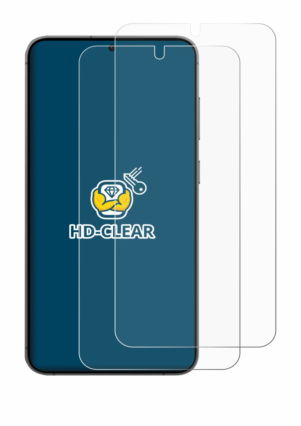 Immagine del dispositivo Samsung Galaxy S24 Plus con un'ampia varietà di protezioni per lo schermo.