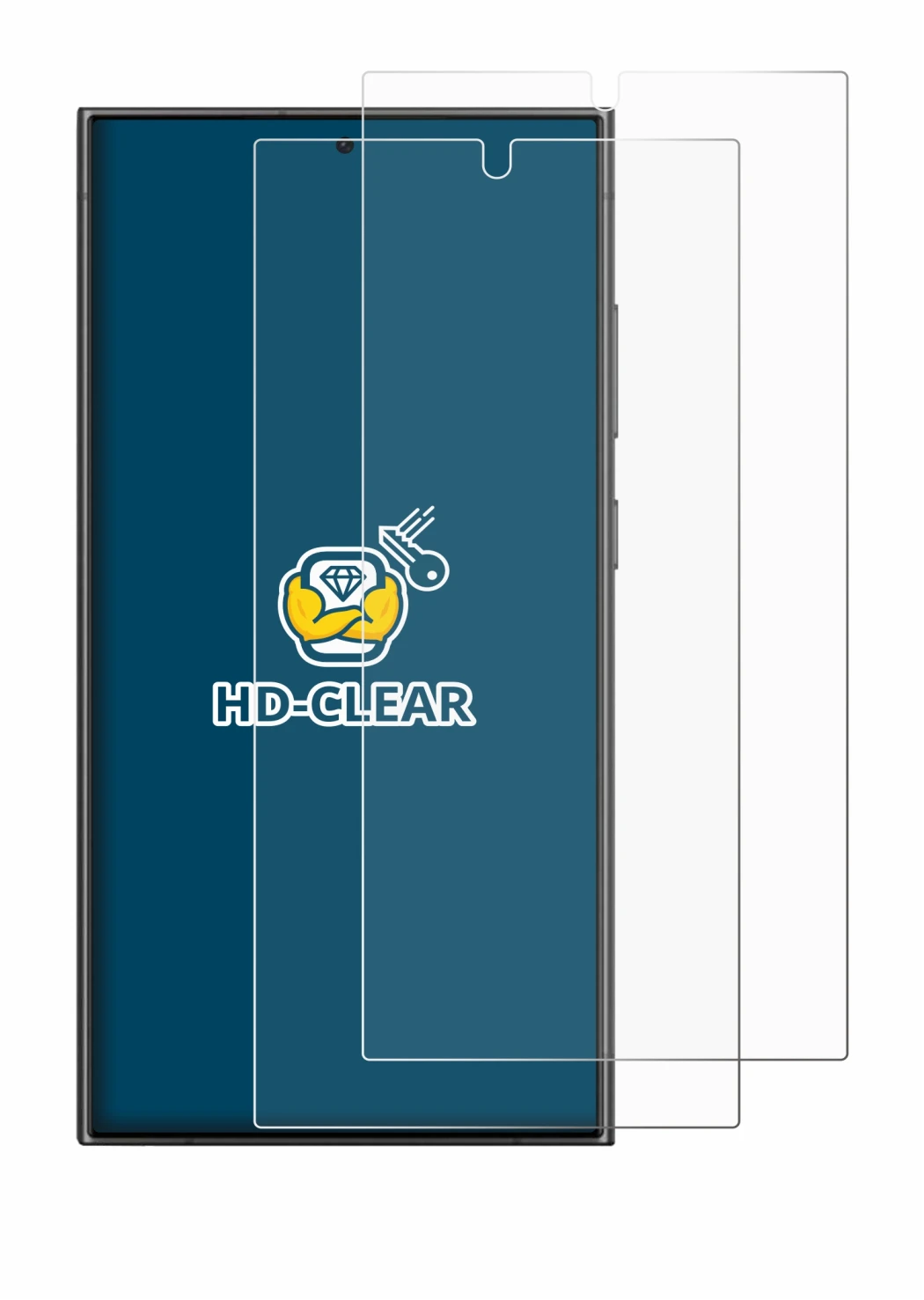 Immagine del dispositivo Samsung Galaxy S24 Ultra (case-friendly) con un'ampia varietà di protezioni per lo schermo.