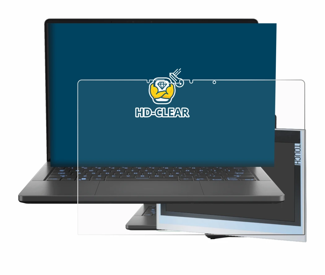 Immagine del dispositivo ASUS ROG Zephyrus G14 2024 GA403 con un'ampia varietà di protezioni per lo schermo.