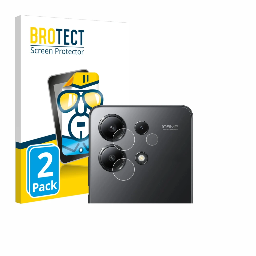 Parte frontale di una confezione del prodotto con il logo del marchio BROTECT. Accanto è raffigurato il dispositivo Xiaomi Red