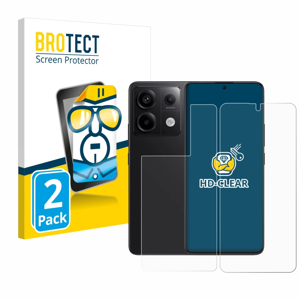 Parte frontale di una confezione del prodotto con il logo del marchio BROTECT. Accanto è raffigurato il dispositivo Xiaomi Red