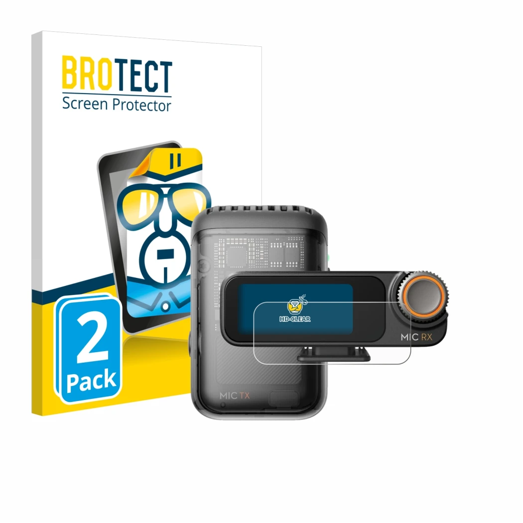 Parte frontale di una confezione del prodotto con il logo del marchio BROTECT. Accanto è raffigurato il dispositivo DJI Mic 2