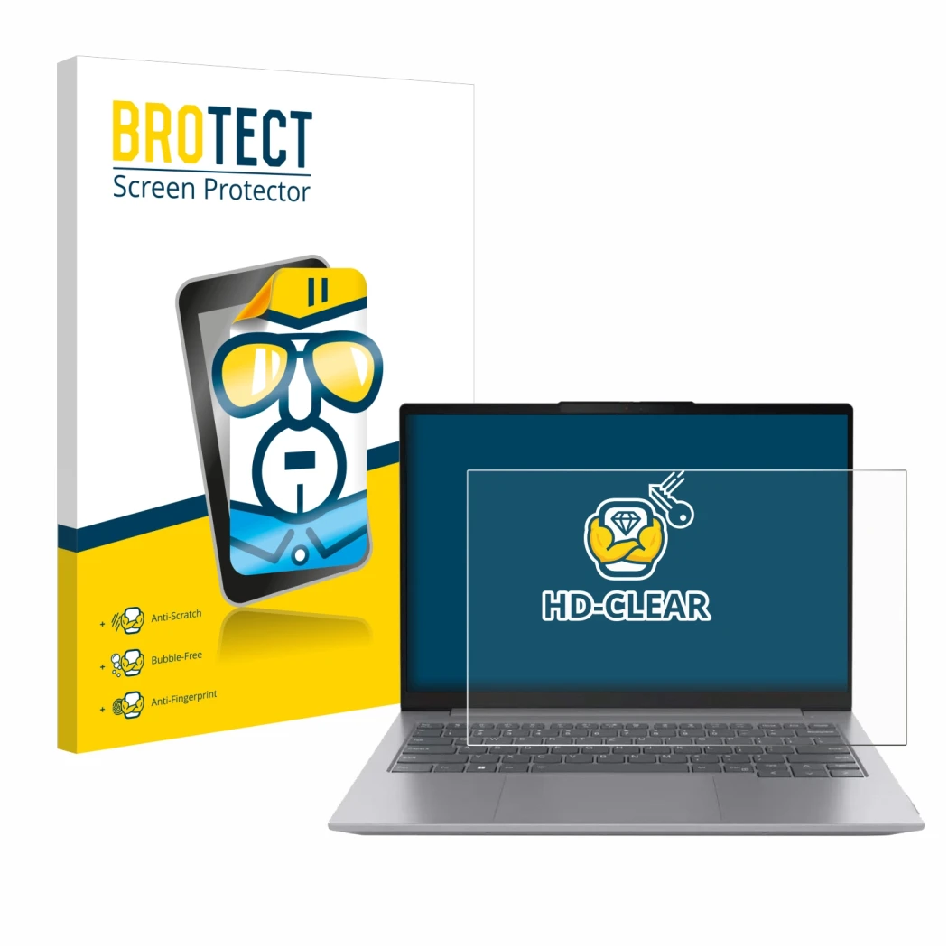 Parte frontale di una confezione del prodotto con il logo del marchio BROTECT. Accanto è raffigurato il dispositivo Lenovo Thi