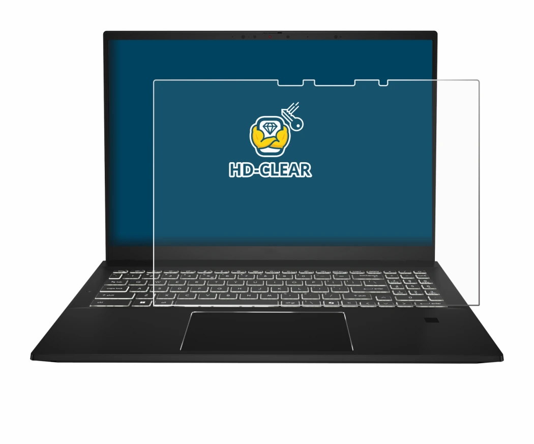 Immagine del dispositivo MSI Summit E16 AI Studio con un'ampia varietà di protezioni per lo schermo.
