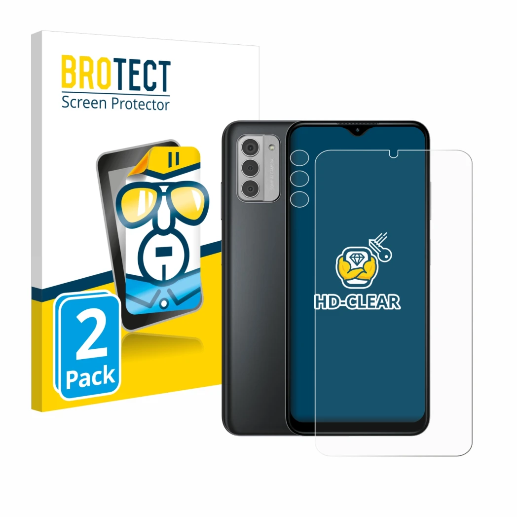Parte frontale di una confezione del prodotto con il logo del marchio BROTECT. Accanto è raffigurato il dispositivo Nokia G42