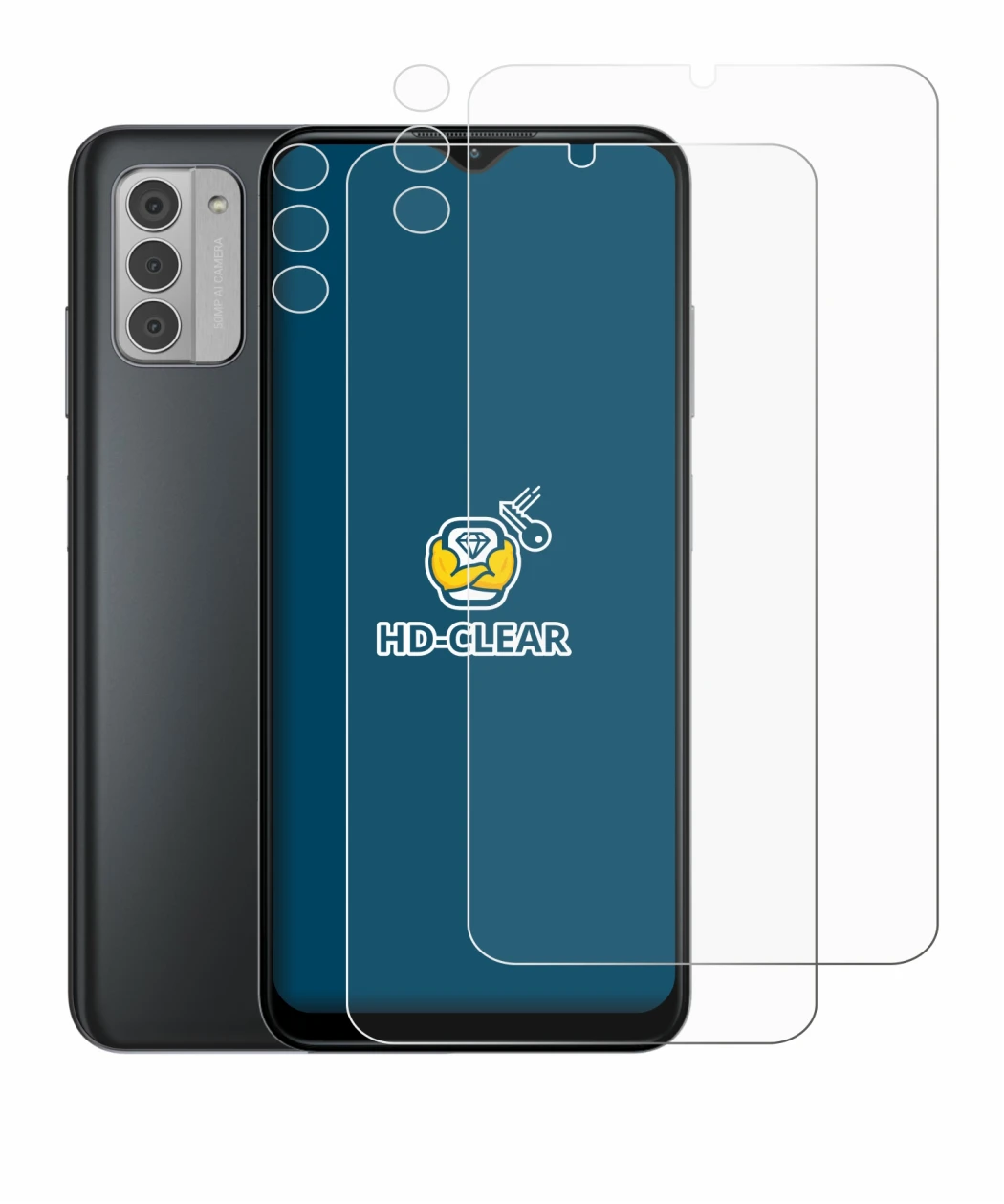 Immagine del dispositivo Nokia G42 5G (Fronte+Fotocamera) con un'ampia varietà di protezioni per lo schermo.