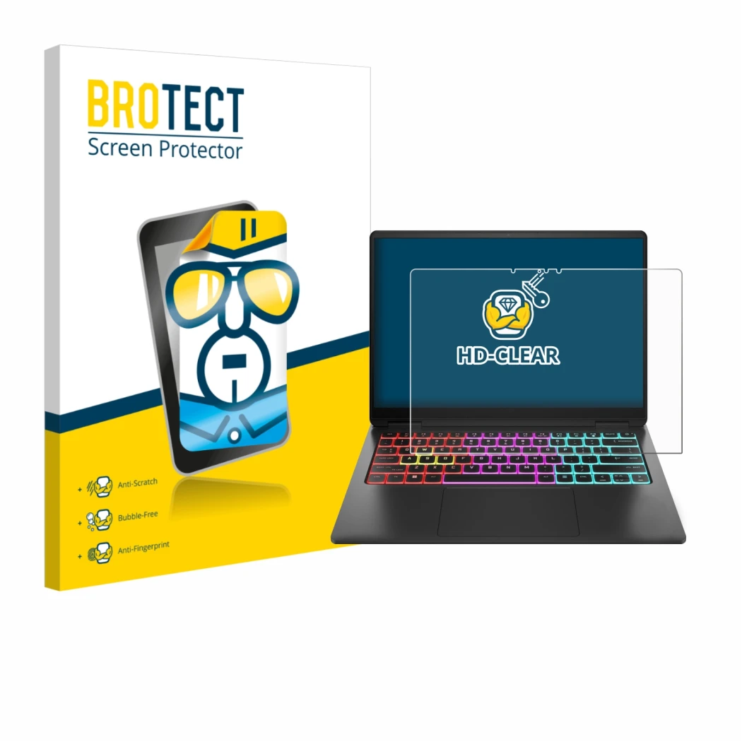 Parte frontale di una confezione del prodotto con il logo del marchio BROTECT. Accanto è raffigurato il dispositivo HP Omen Tr